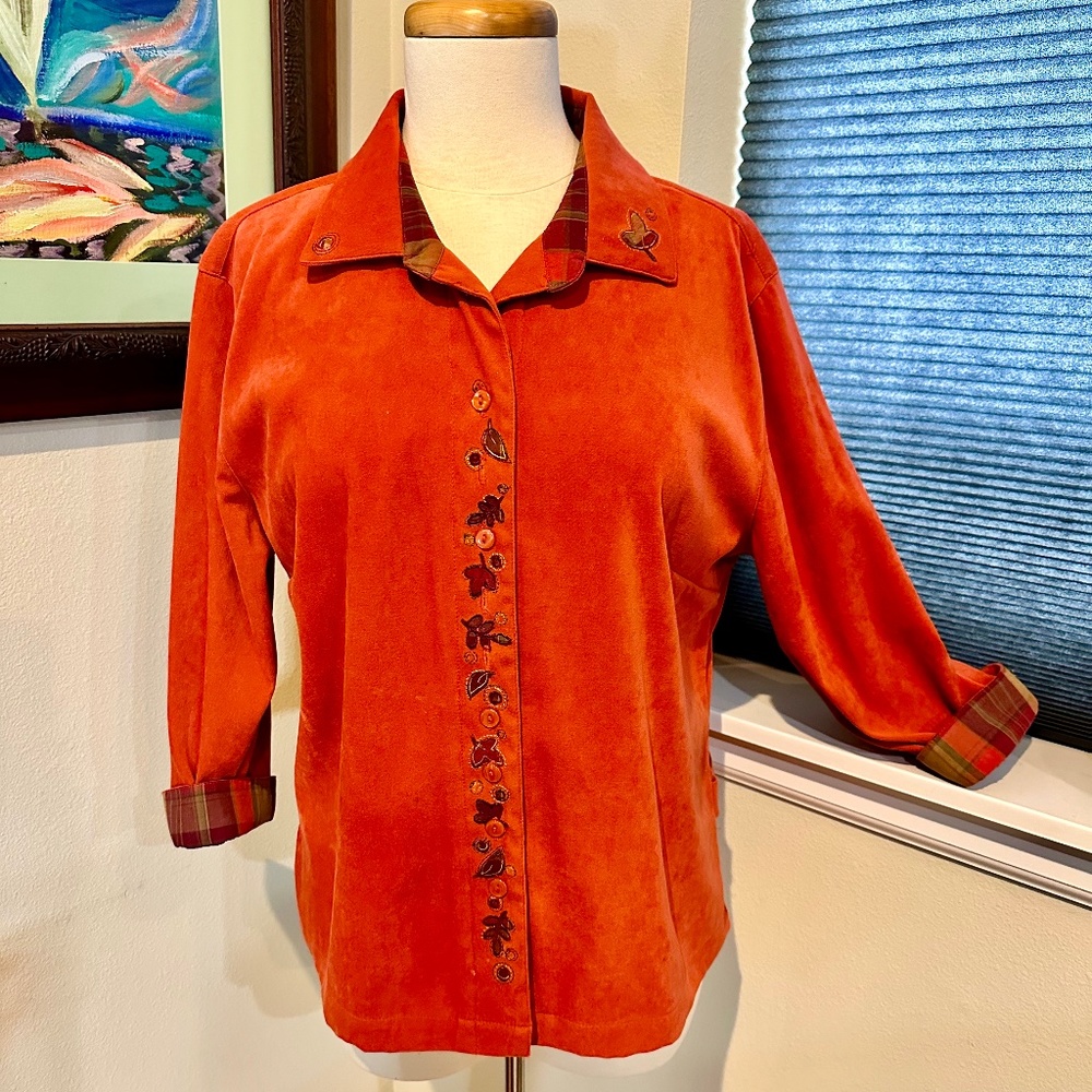 Christopher & Banks Autumn Colors Orange Blouse w/ Embroidered Leaves - sz L